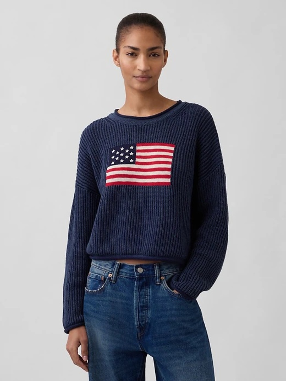 Gap 100% Cotton Oversized Cropped Americana Sweater Navy Knit Large